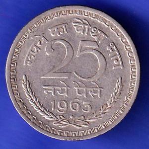 Republic India 25 Paisa 1963 BOMBAY MINT Coin HSK919