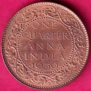 UNC BRITISH INDIA 1939 GORGE VI KING ONE QUARTER ANNA COPPER COIN