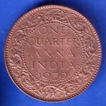 BRITISH INDIA 1939 GORGE VI KING ONE QUARTER ANNA COPPER COIN ANH2972