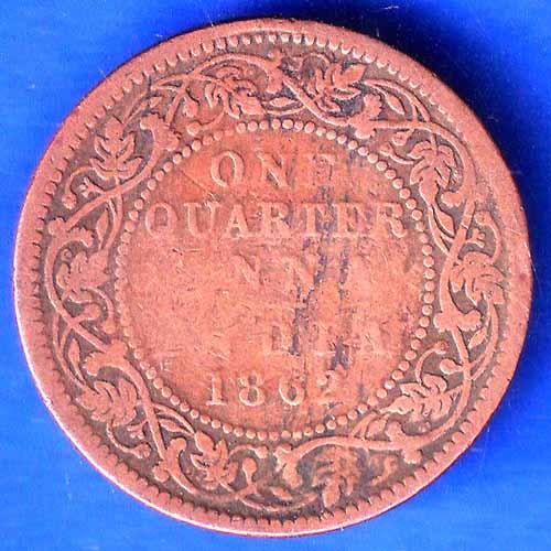 British India 1862 Victoria Queen One quarter anna Beautiful Copper Coin ANH2471