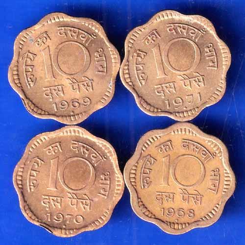 SET OF 4 : Republic India DIFFERENT MINT AND YEAR Ten Paise Coin ANH2669