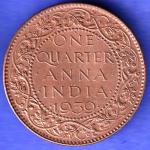 BRITISH INDIA 1939 GORGE VI KING ONE QUARTER ANNA COPPER COIN SK279