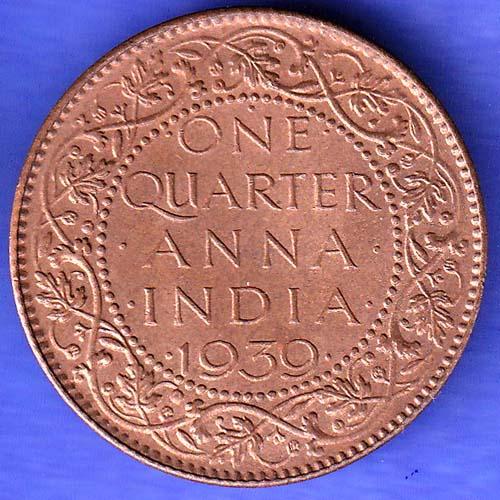 BRITISH INDIA 1939 GORGE VI KING ONE QUARTER ANNA COPPER COIN SK279