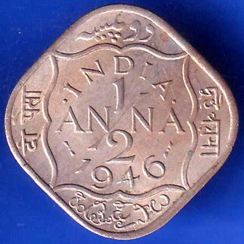 British India 1946 George VI King 1/2 Anna  Coin ANH2026