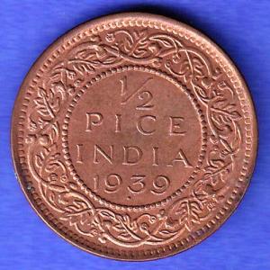BRITISH INDIA 1939 GORGE VI KING 1/2 PICE BOMBAY MINT RARE COIN HSK821