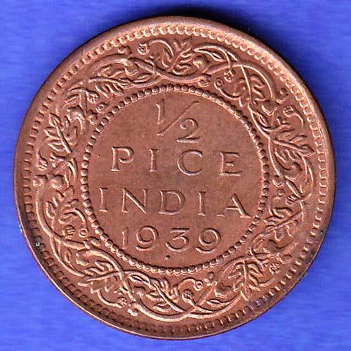 BRITISH INDIA 1939 GORGE VI KING 1/2 PICE BOMBAY MINT RARE COIN HSK821