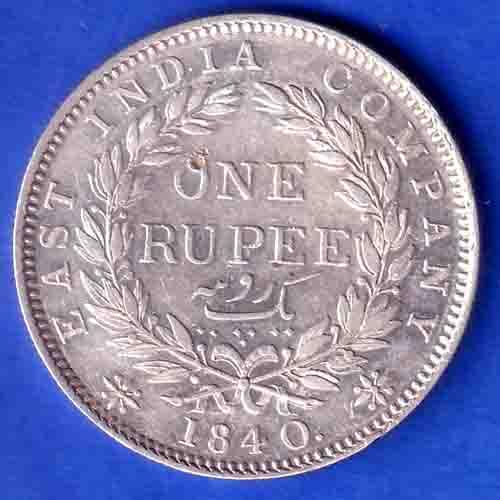 EAST INDIA COMPANY 1840 CONTINIOUS LEGEND VICTORIA QUEEN 1 RUPEE SILVER COIN SK884