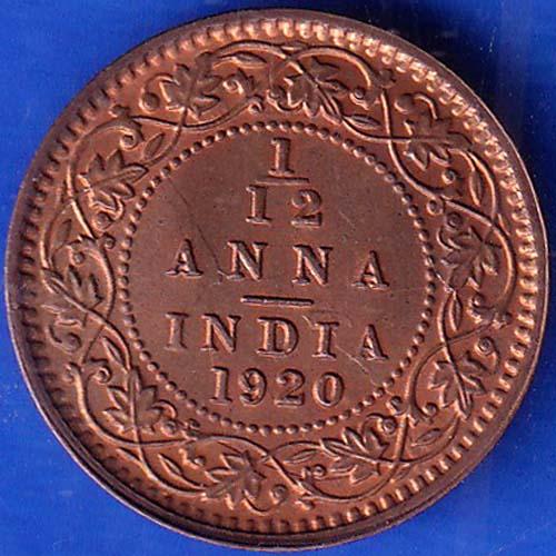 British India 1920 George V King 1/12 Anna Copper Coin ANH224