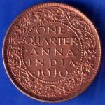 British India 1940 George VI King One Quarter Anna Copper Coin ANH1802