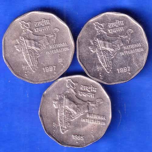 SET OF 3 : REPUBLIC INDIA 1995 1997 different mint TWO RUPPE COINS ANH2351