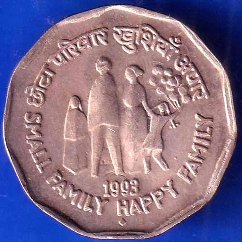 Republic India 1993 Small Family Happy Family 2 Rupee BOMBAY MINT Coin ANH2401
