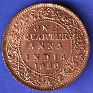 British India 1920 George V King ONE QUARTER Anna Copper Coin SK103