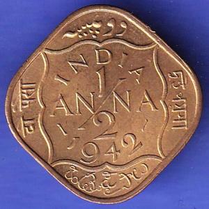 BRITISH INDIA 1942 GEORGE VI 1/2 ANNA RARE COIN SK202
