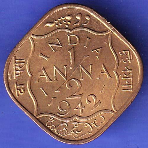 BRITISH INDIA 1942 GEORGE VI 1/2 ANNA RARE COIN SK202