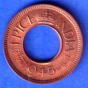 British India 1945 Lahore Mint George VI King 1 Pice Copper Coin SK934