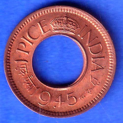 British India 1945 Lahore Mint George VI King 1 Pice Copper Coin SK934