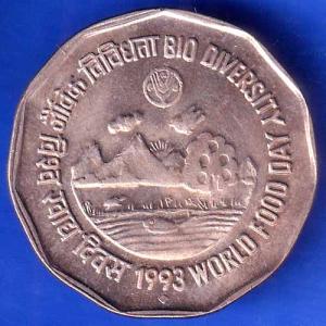 Republic India 1993 Bombay Mint Bio Diversity World Food Day 2 Rupee Coin ANH2572