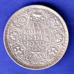 British India 1939 George VI 1/4 Rupee Silver Coin HSK730