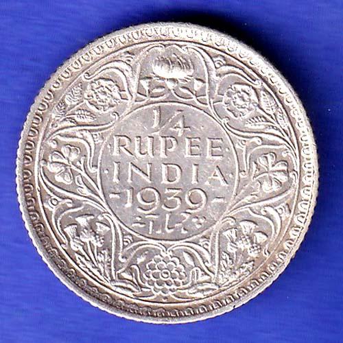 British India 1939 George VI 1/4 Rupee Silver Coin HSK730