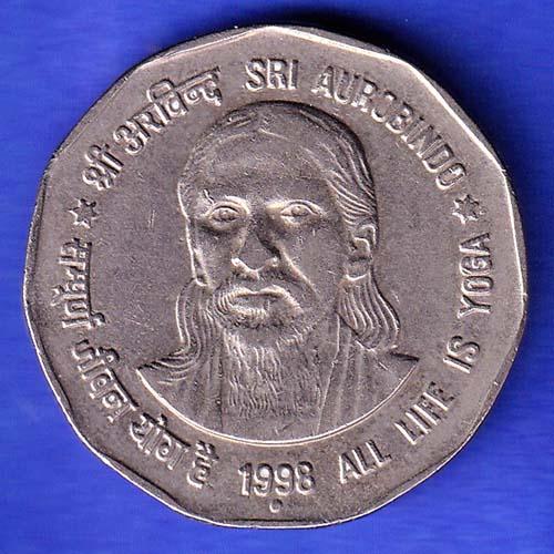 2 Rupee Coin Sri Aurobindo All Life Is Yoga 1998 Noida Mint HSK177