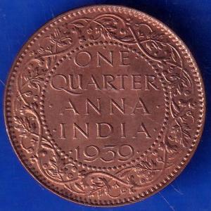 BRITISH INDIA 1939 GORGE VI KING ONE QUARTER ANNA COPPER COIN ANH676