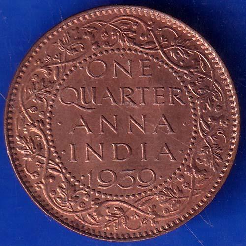BRITISH INDIA 1939 GORGE VI KING ONE QUARTER ANNA COPPER COIN ANH676