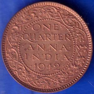 British India 1942 George VI King Emperor One Quarter Anna Coppr Coin ANH824