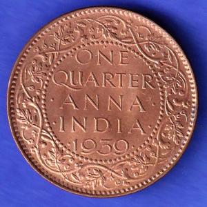 BRITISH INDIA 1939 GORGE VI KING ONE QUARTER ANNA COPPER COIN HSK731