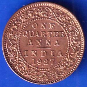 British India 1927 BOMBAY MINT George V One Quarter Anna Coin ANH2623