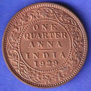 BRITISH INDIA 1929 GEORGE V KING EMPEROR ONE QUARTER ANNA SK588