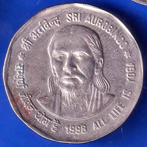 Republic India 1998 Bombay Mint All Life Is Yoga SRI Aurobindo 2 Rupee NOIDA MINT Coin ANH2722