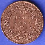 BRITISH INDIA 1939 GORGE VI KING ONE QUARTER ANNA COPPER COIN SK742