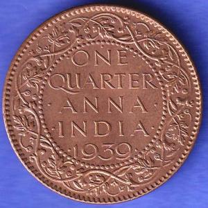 BRITISH INDIA 1939 GORGE VI KING ONE QUARTER ANNA COPPER COIN SK742