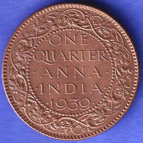 BRITISH INDIA 1939 GORGE VI KING ONE QUARTER ANNA COPPER COIN SK742