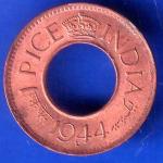 British India 1944 George VI King LAHORE MINT 1 Pice Copper Coin ANH3026