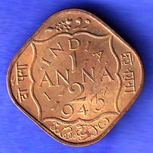 BRITISH INDIA 1943 GEORGE VI 1/2 ANNA RARE COIN HSK976