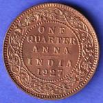 British India 1927 BOMBAY MINT George V One Quarter Anna Coin SK146