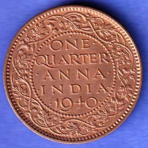 British India 1940 George VI King One Quarter Anna Copper Coin  SK1093