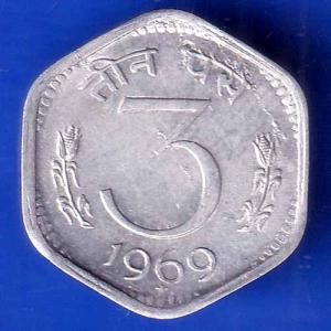 Republic India 1969  HYDERABAD MINT Three Paisa Coin ANH3086