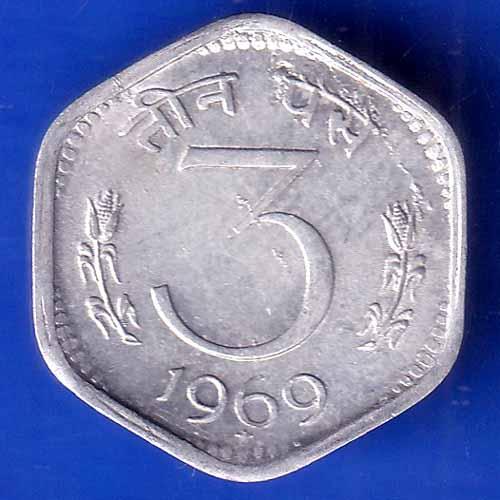 Republic India 1969  HYDERABAD MINT Three Paisa Coin ANH3086
