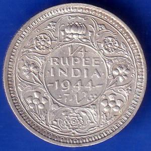 British India 1944 George VI Bombay Mint Quarter Rupee Rare Coin ANH727