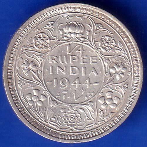 British India 1944 George VI Bombay Mint Quarter Rupee Rare Coin ANH727