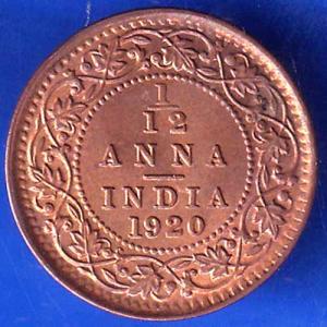 British India 1920 George V King 1/12 Anna Copper Coin ANH2675