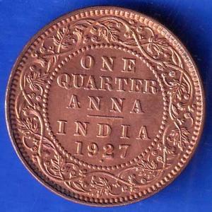 British India 1927 BOMBAY MINT George V One Quarter Anna Coin ANH2829