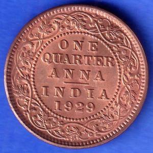 BRITISH INDIA 1929 GEORGE V KING EMPEROR ONE QUARTER ANNA SK939