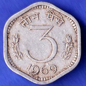 Republic India 1969 Three Paisa Coin SK535