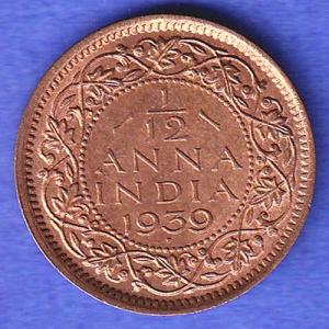 British India 1939 George Vi King Emperor 1/12 ANNA Coin SK695