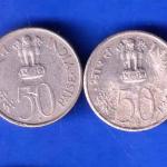 SET OF 2 : REPUBLIC INDIA 50 PAISA 1889-1964 BOMBAY MINT COINS ANH2577