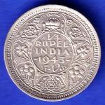 British India 1943 LAHORE MINT George Vi 1/4 Rupee Rare Silver coin HSK487