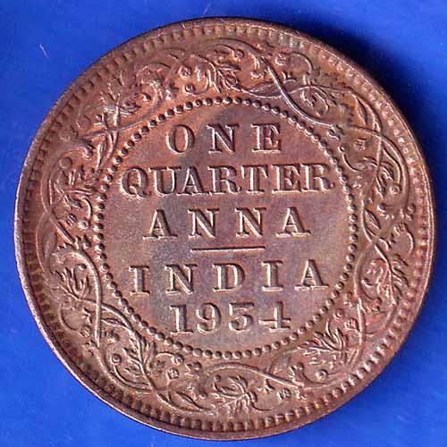British India 1934 George V One Quarter Anna Coin ANH1834